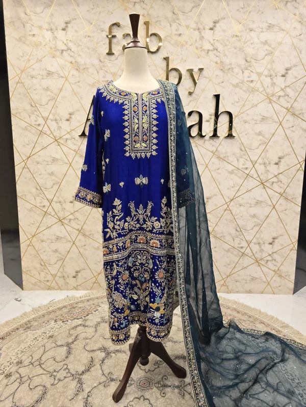 Blue Pure Raw Silk Shirt with Crinkle Chiffon Dupatta