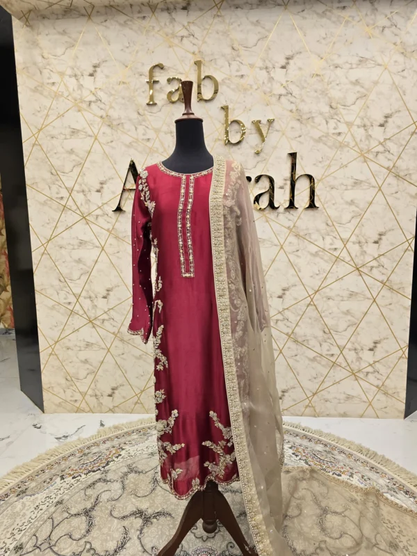 Hand-Embroidered Reddish Mehroon Party Wear Dress