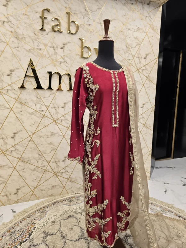 Hand-Embroidered Reddish Mehroon Party Wear Dress