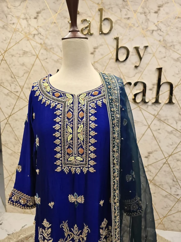 Blue Pure Raw Silk Shirt with Crinkle Chiffon Dupatta