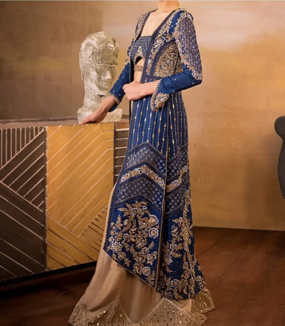 Navy Blue Raw Silk Front Open Gown