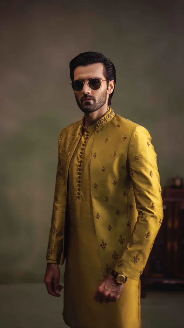Yellow Hand-Embroidered Prince Coat