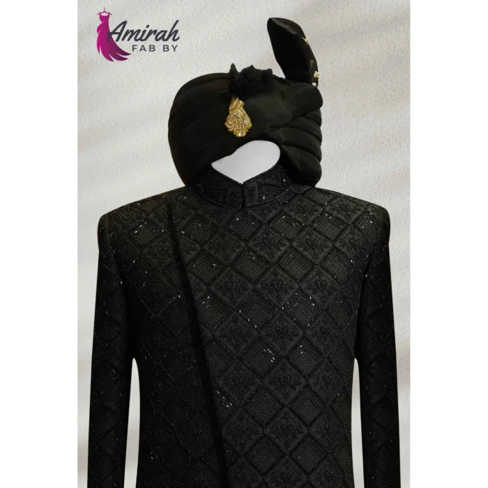 Black Hand-Embroidered Sherwani for Men