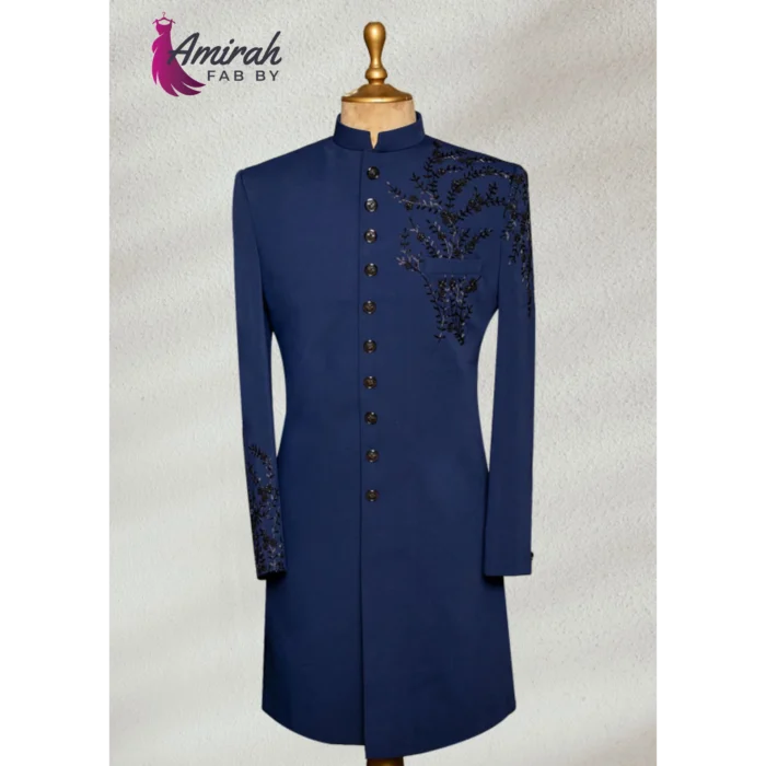 Regal Navy Blue Hand-Embroidered Sherwani