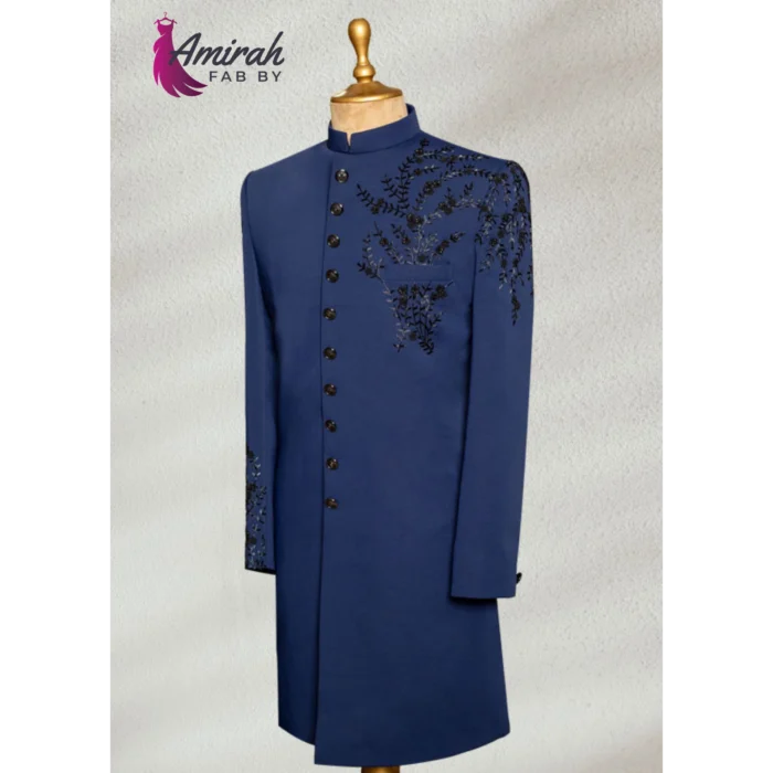 Regal Navy Blue Hand-Embroidered Sherwani