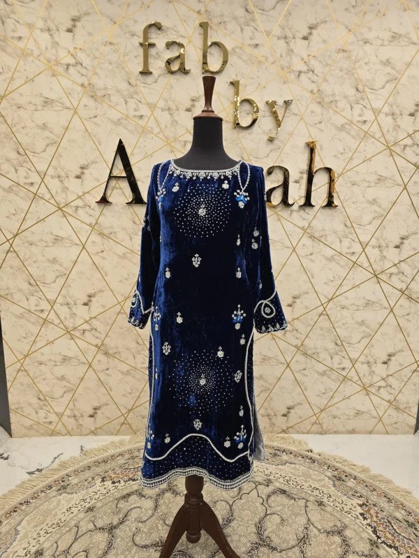 Exquisite Blue Velvet Hand-Embroidered Dress