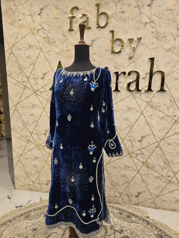 Exquisite Blue Velvet Hand-Embroidered Dress