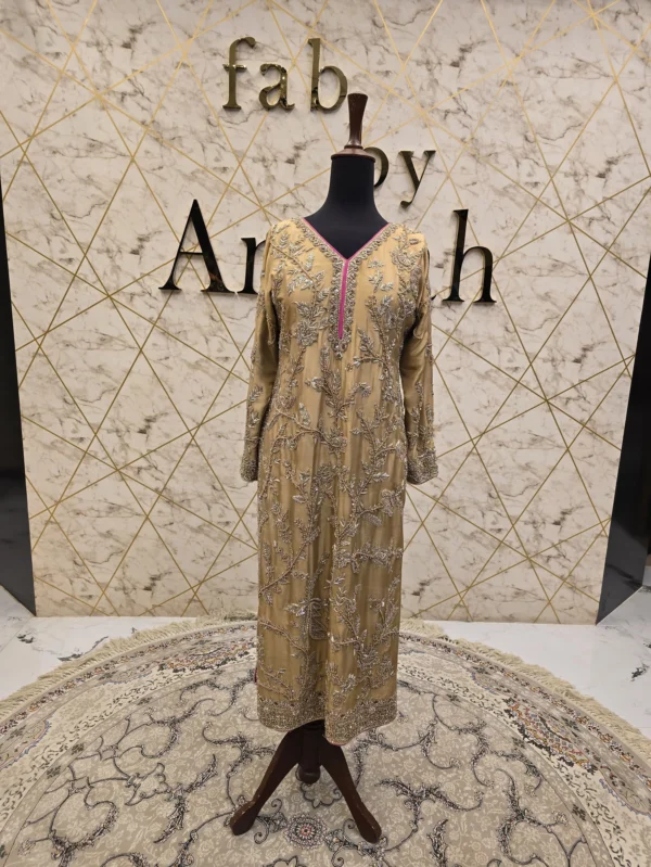 Gold Raw Silk Hand-Embroidered Party Wear Shirt