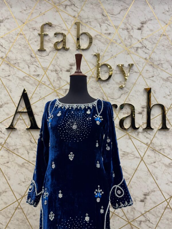 Exquisite Blue Velvet Hand-Embroidered Dress