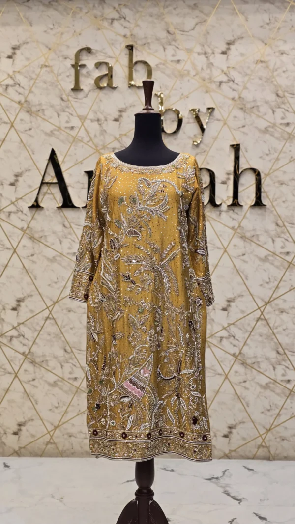 Radiant Yellow Hand-Embroidered Raw Silk Party Wear Shirt