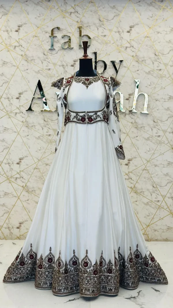 White Hand-Embroidered Raw Silk Maxi Dress