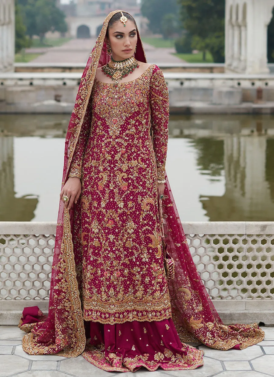 Deep Berry Pink Jamawar Bridal Lehenga Set