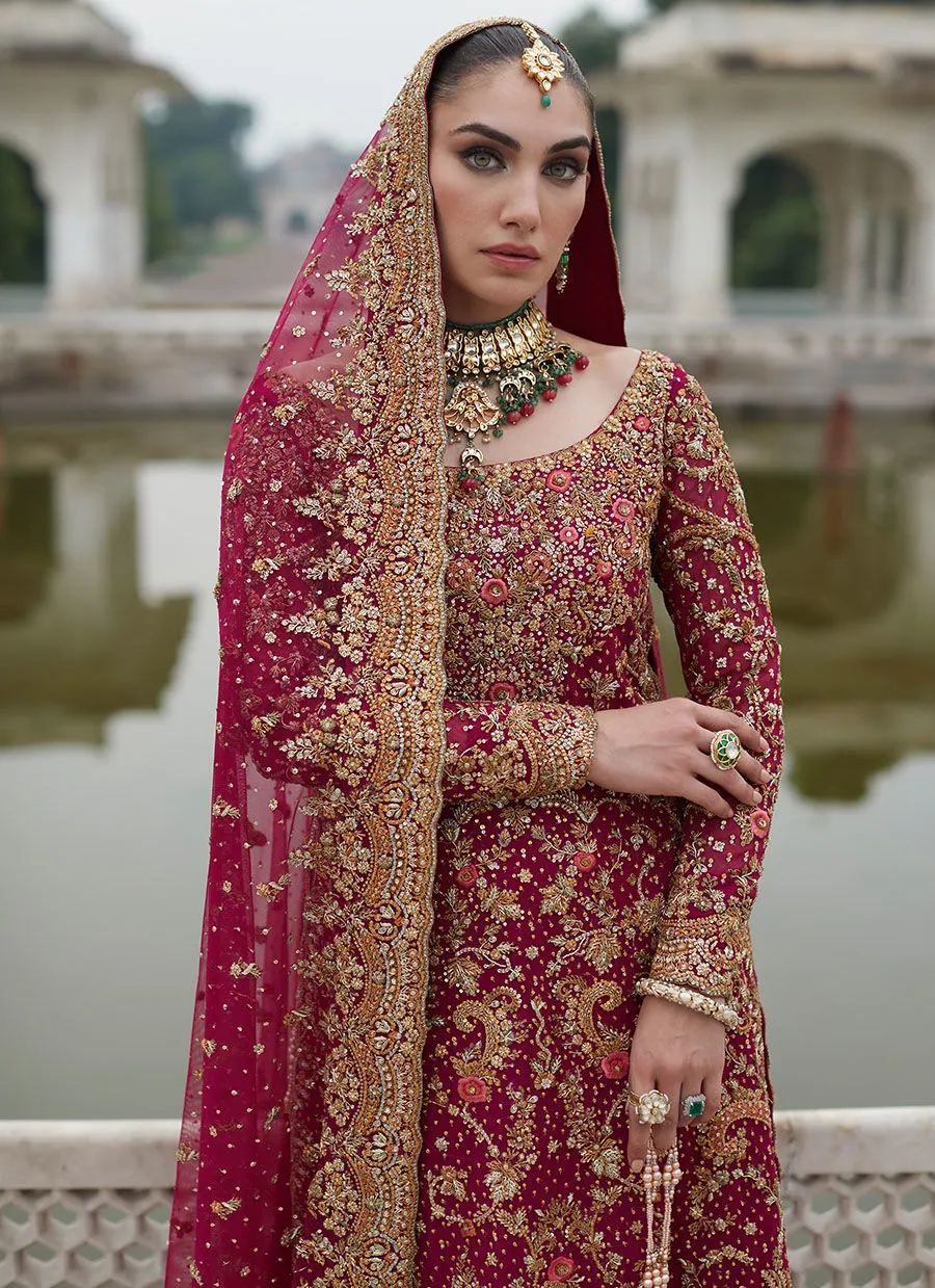 Deep Berry Pink Jamawar Bridal Lehenga Set