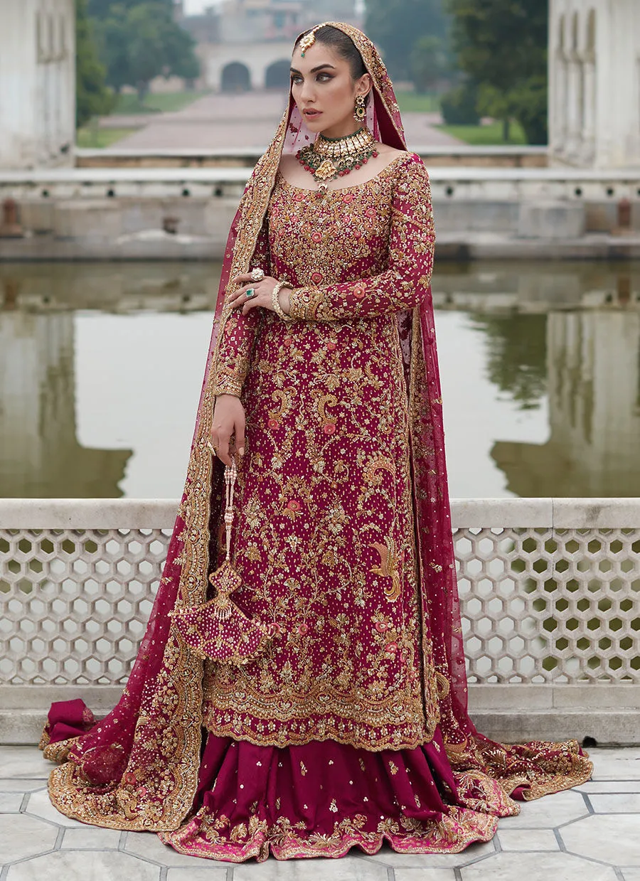 Deep Berry Pink Jamawar Bridal Lehenga Set