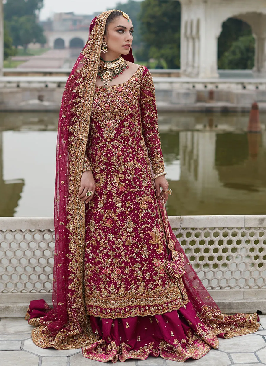 Deep Berry Pink Jamawar Bridal Lehenga Set