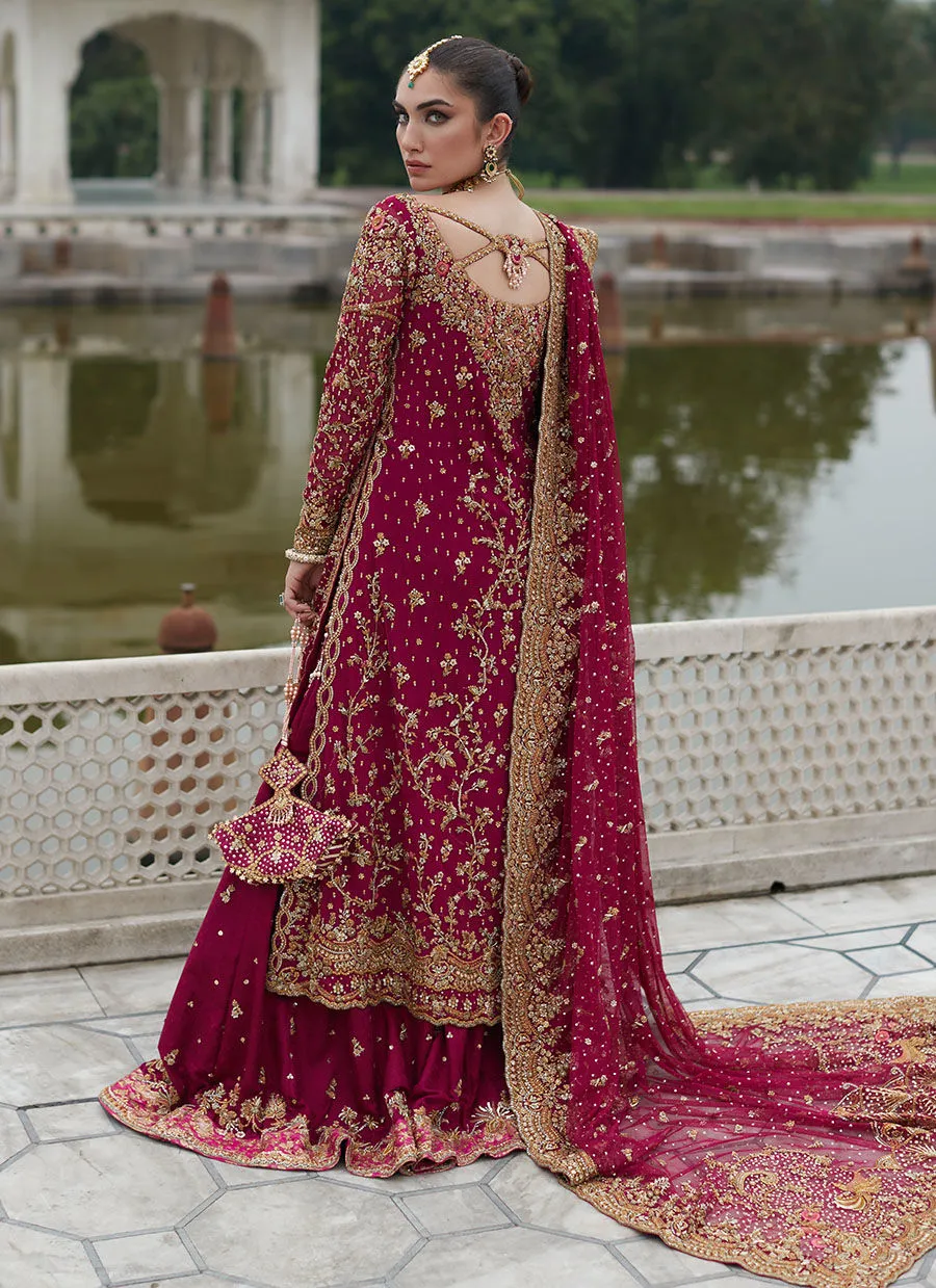 Deep Berry Pink Jamawar Bridal Lehenga Set