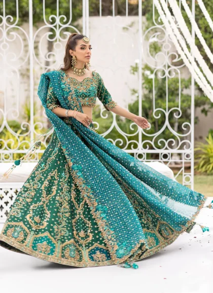 Hand-Embroidered Green Silk Lehenga