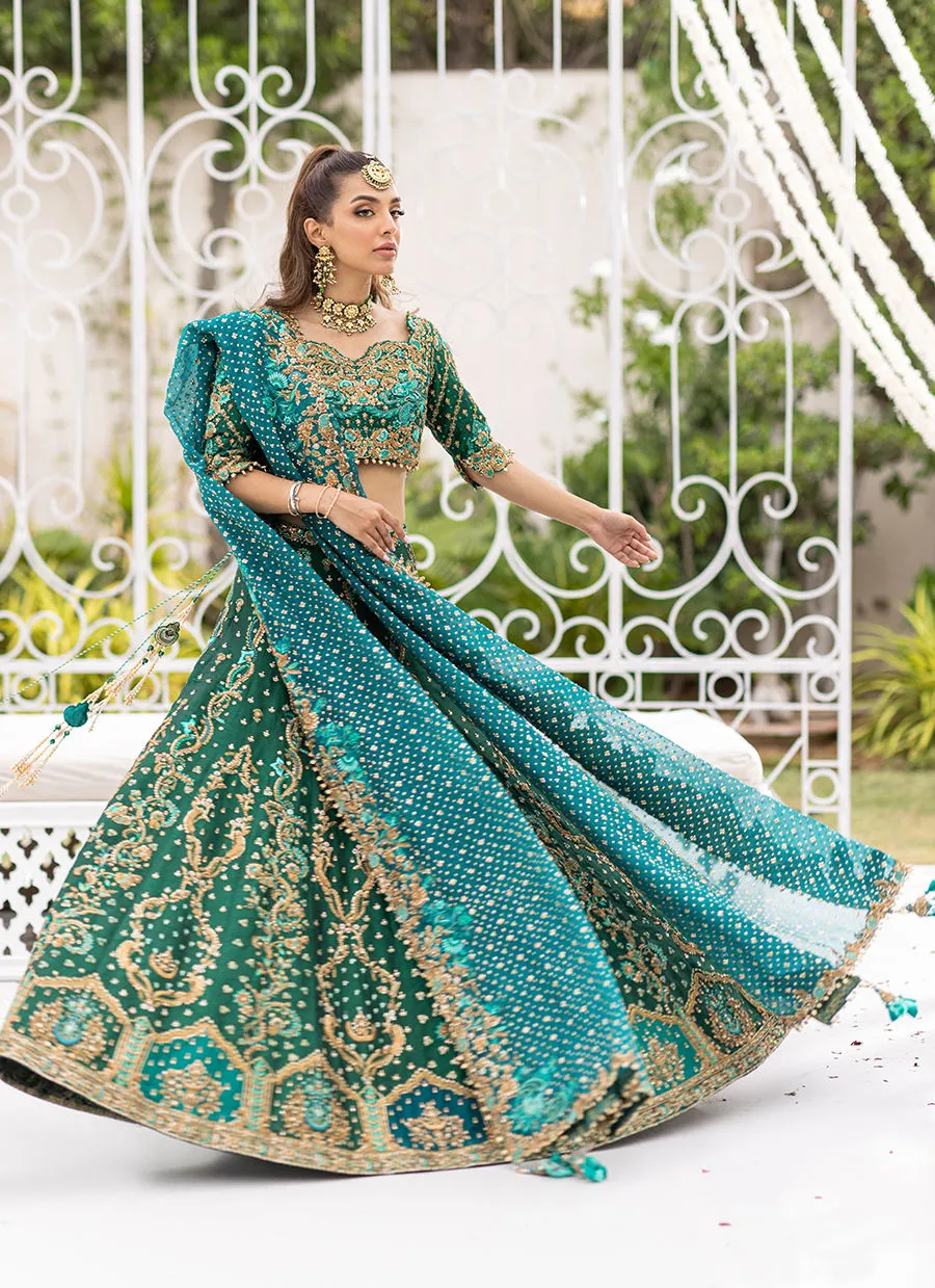 Hand-Embroidered Green Silk Lehenga