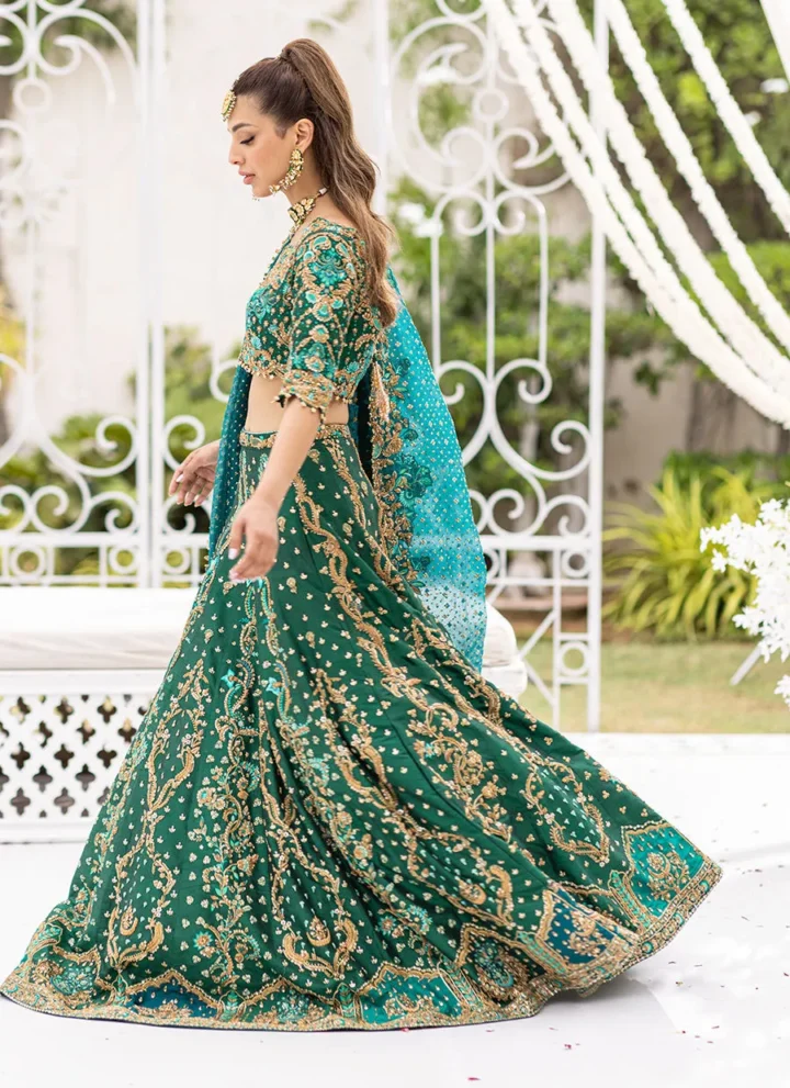 Hand-Embroidered Green Silk Lehenga