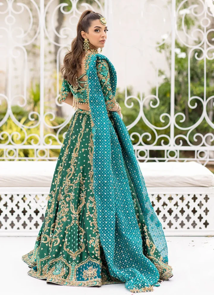 Hand-Embroidered Green Silk Lehenga
