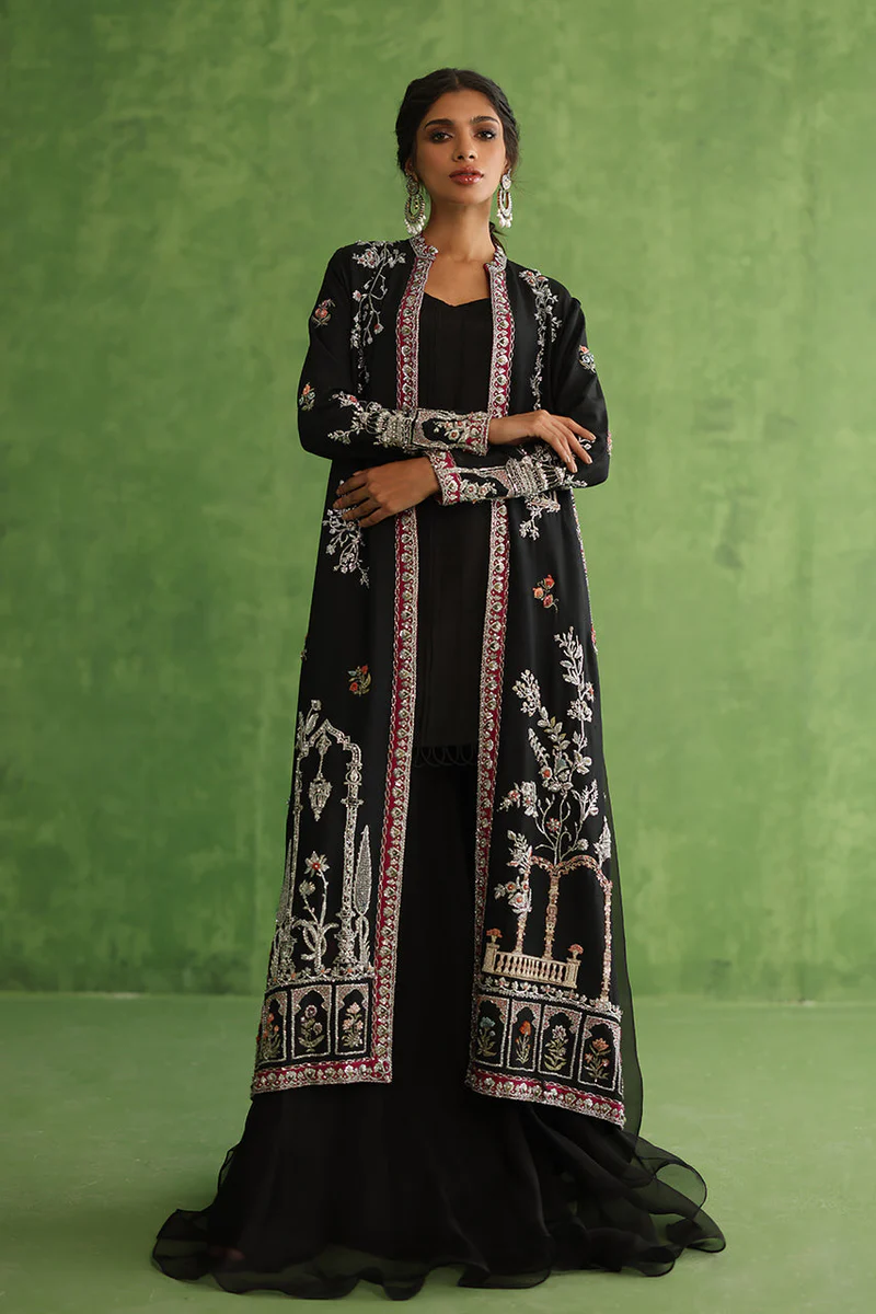 Black Pure Raw Silk Front Open Gown Set