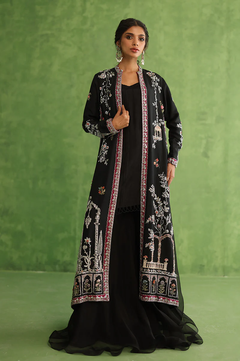 Black Pure Raw Silk Front Open Gown Set