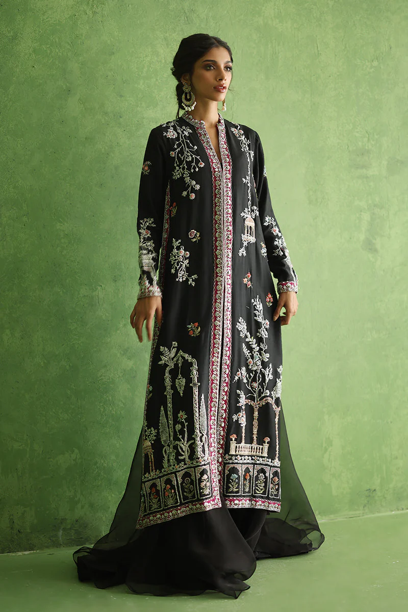 Black Pure Raw Silk Front Open Gown Set