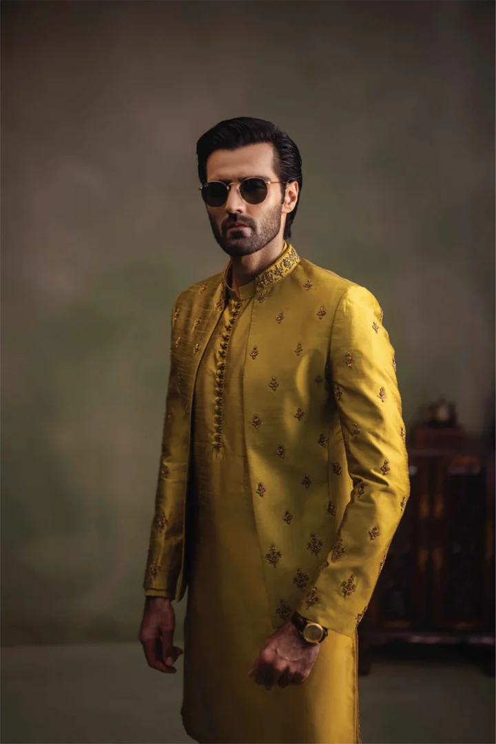 Yellow Hand-Embroidered Prince Coat FAB BY AMIRAH