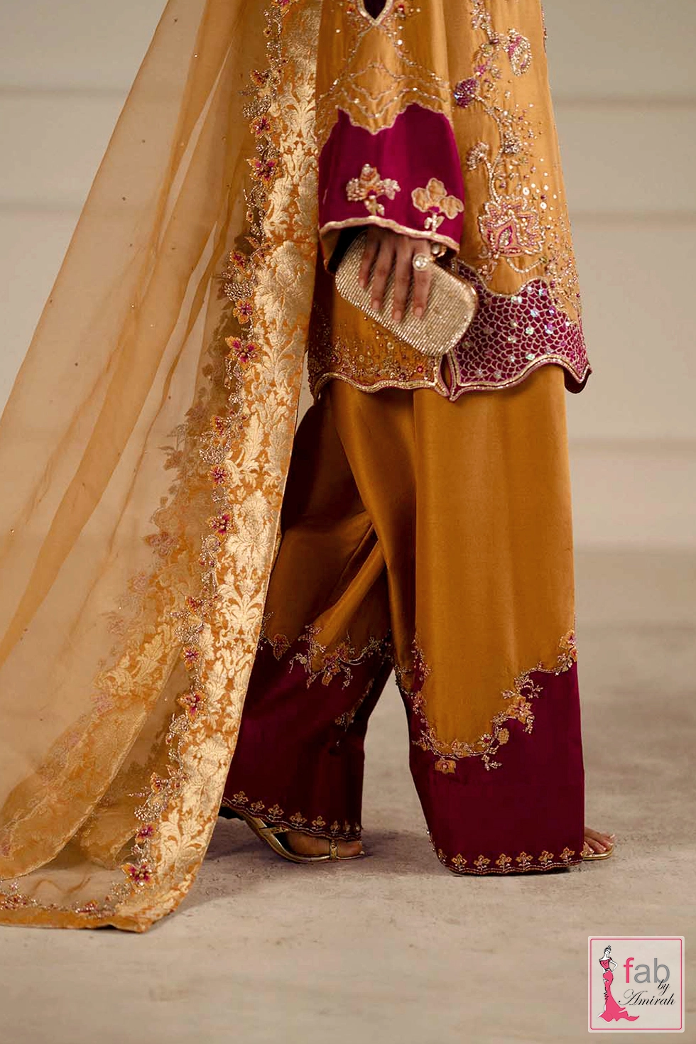 Close up of two tone sharara hemline with magenta plum border