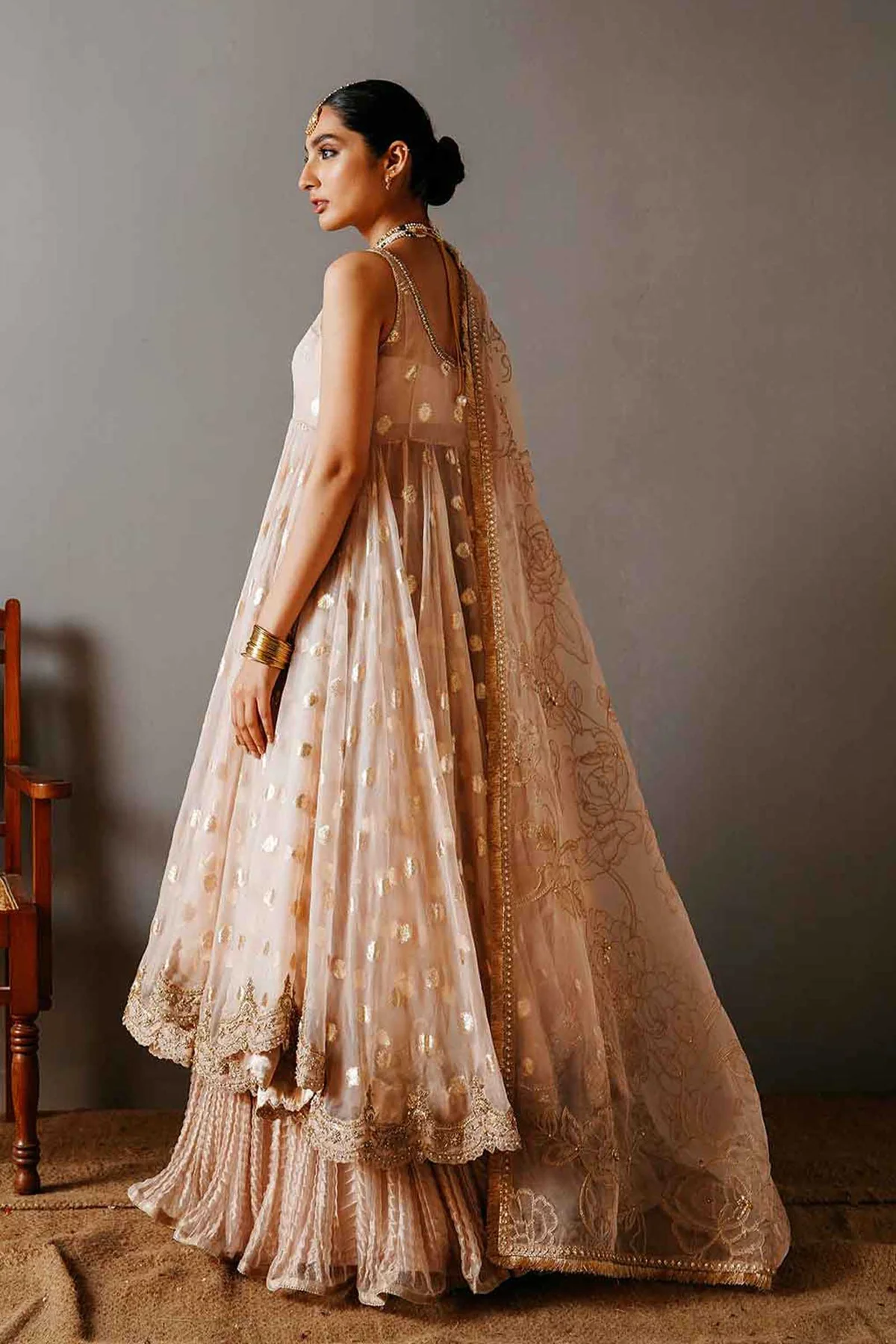 Coral Pink Organza Bridal Wear Gotta Embroidered Dupatta