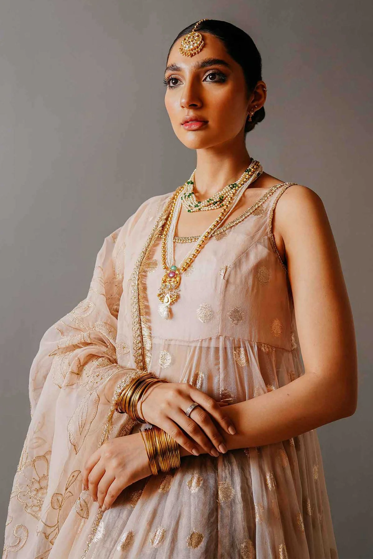 Coral Pink Organza Bridal Wear Gotta Embroidered Dupatta