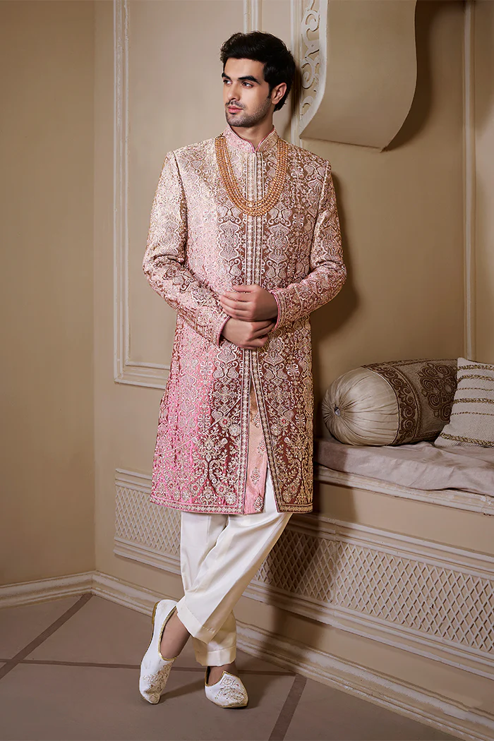 Luxurious Gold Pink Sherwani Set