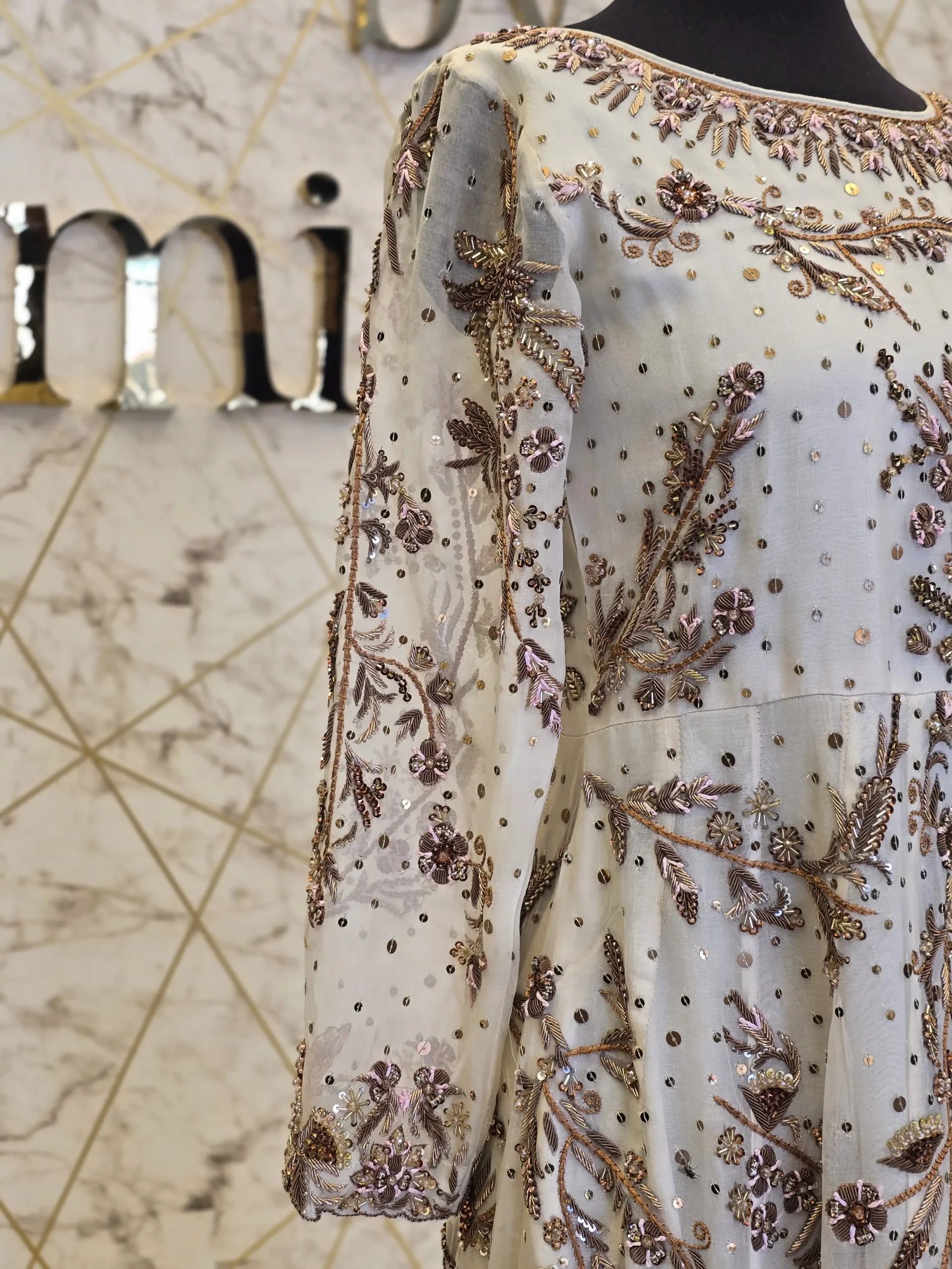 Embroidered White & Gold Maxi Dress