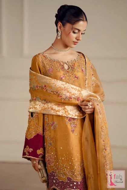 mustard gold sharara suit with hand embroidered zardozi neckline and dupatta