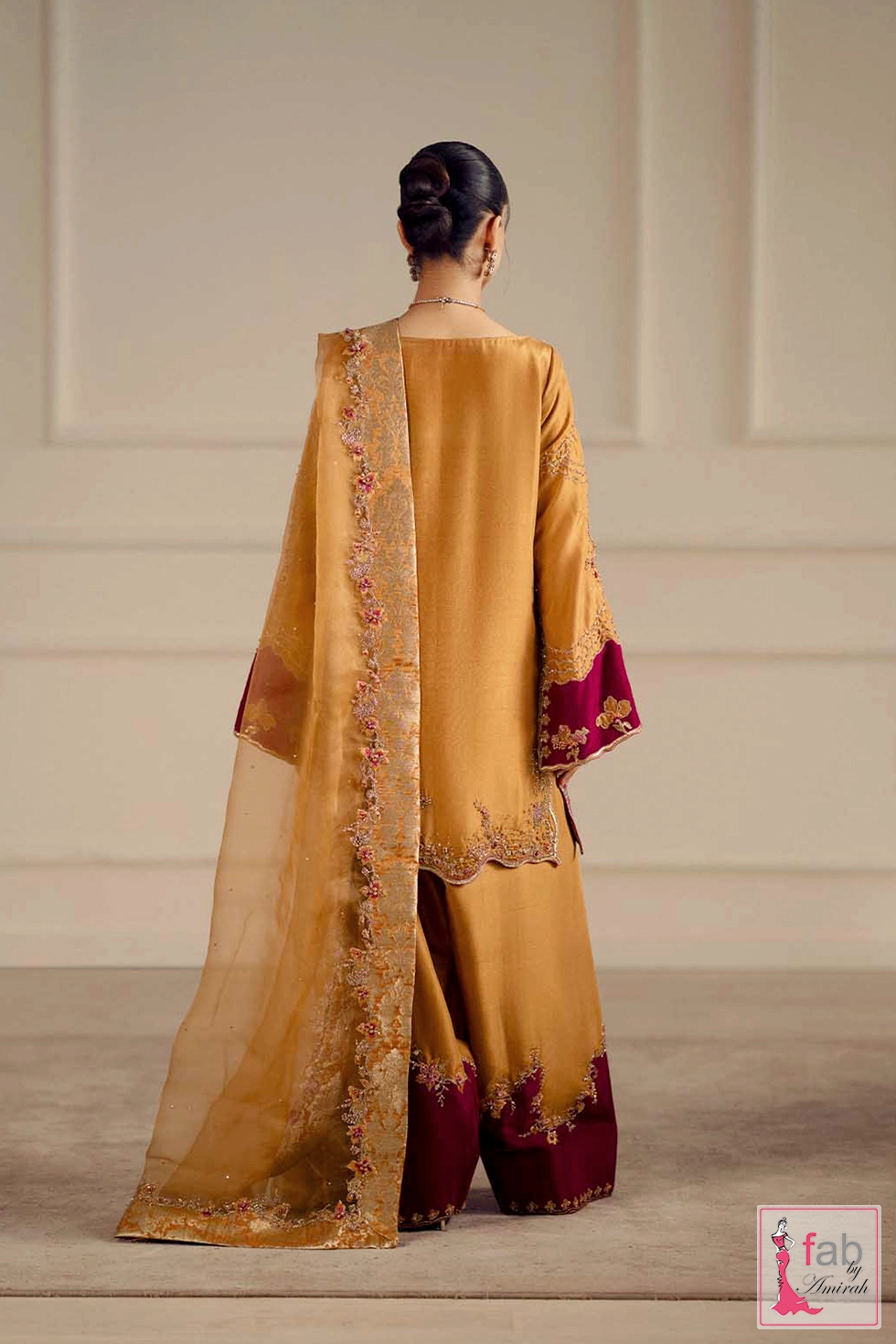 Back view of mustard gold formal shirt with sweeping dupatta