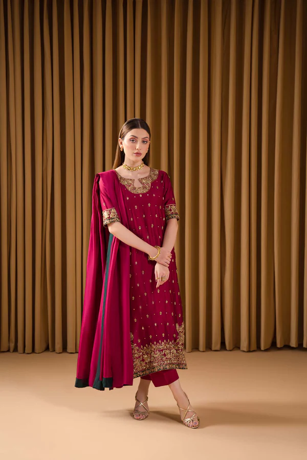 Red Raw Silk Party Wear Dress