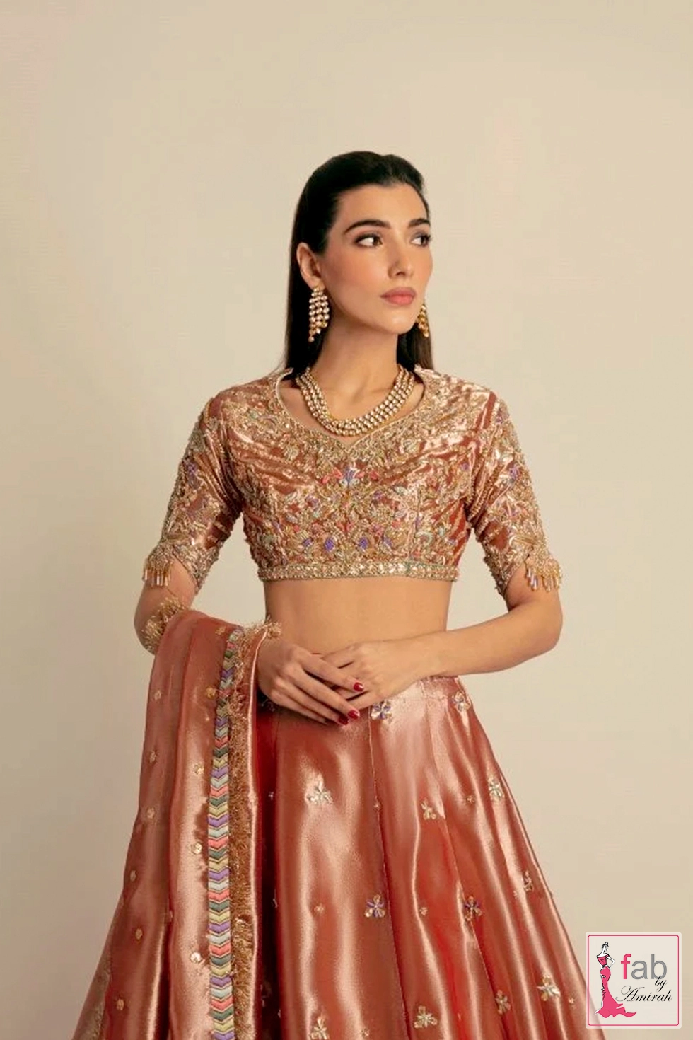 Front pose highlighting neck jewelry paired with hand embroidered choli blouse