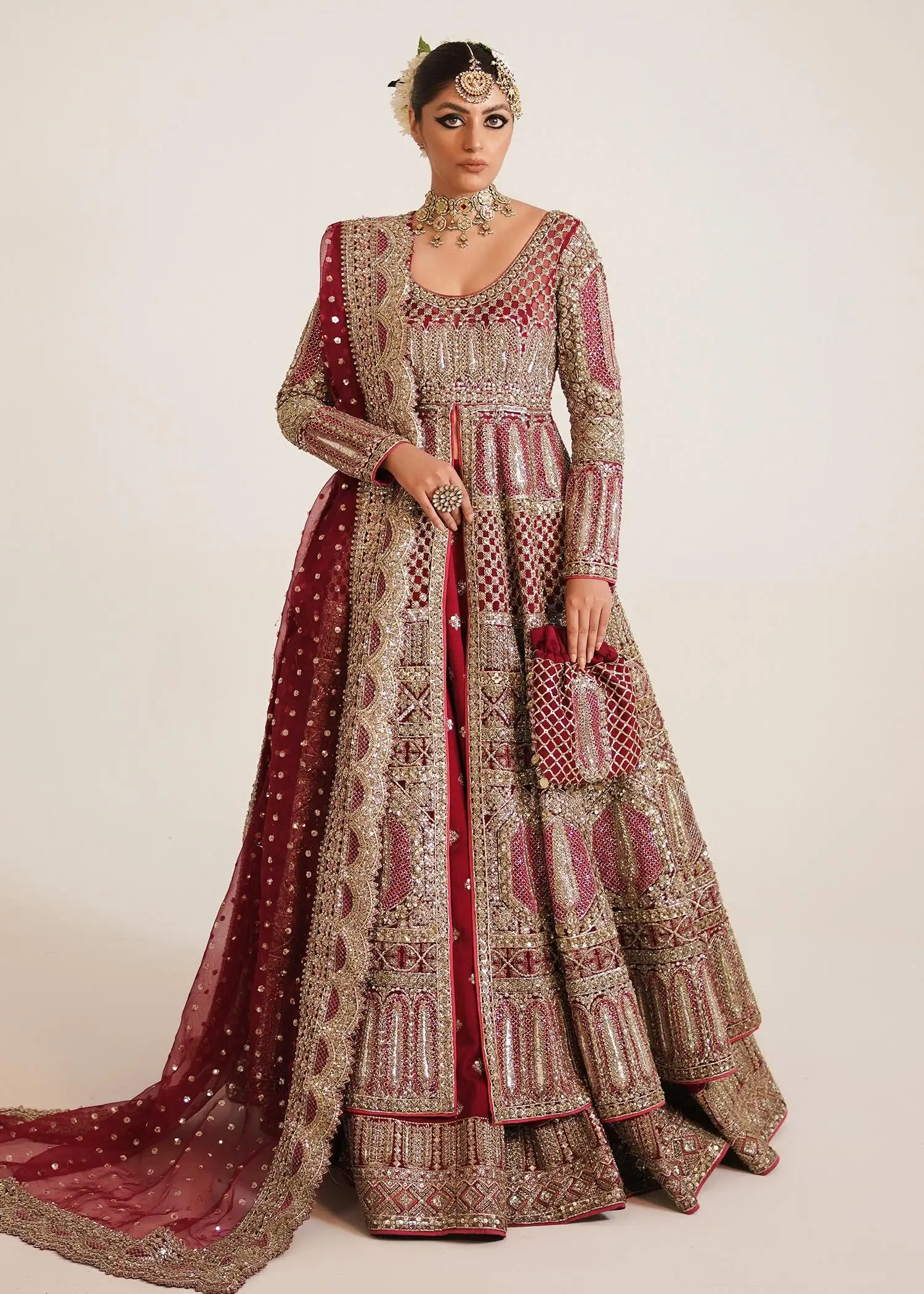 Berry Red Organza Bridal Lehenga
