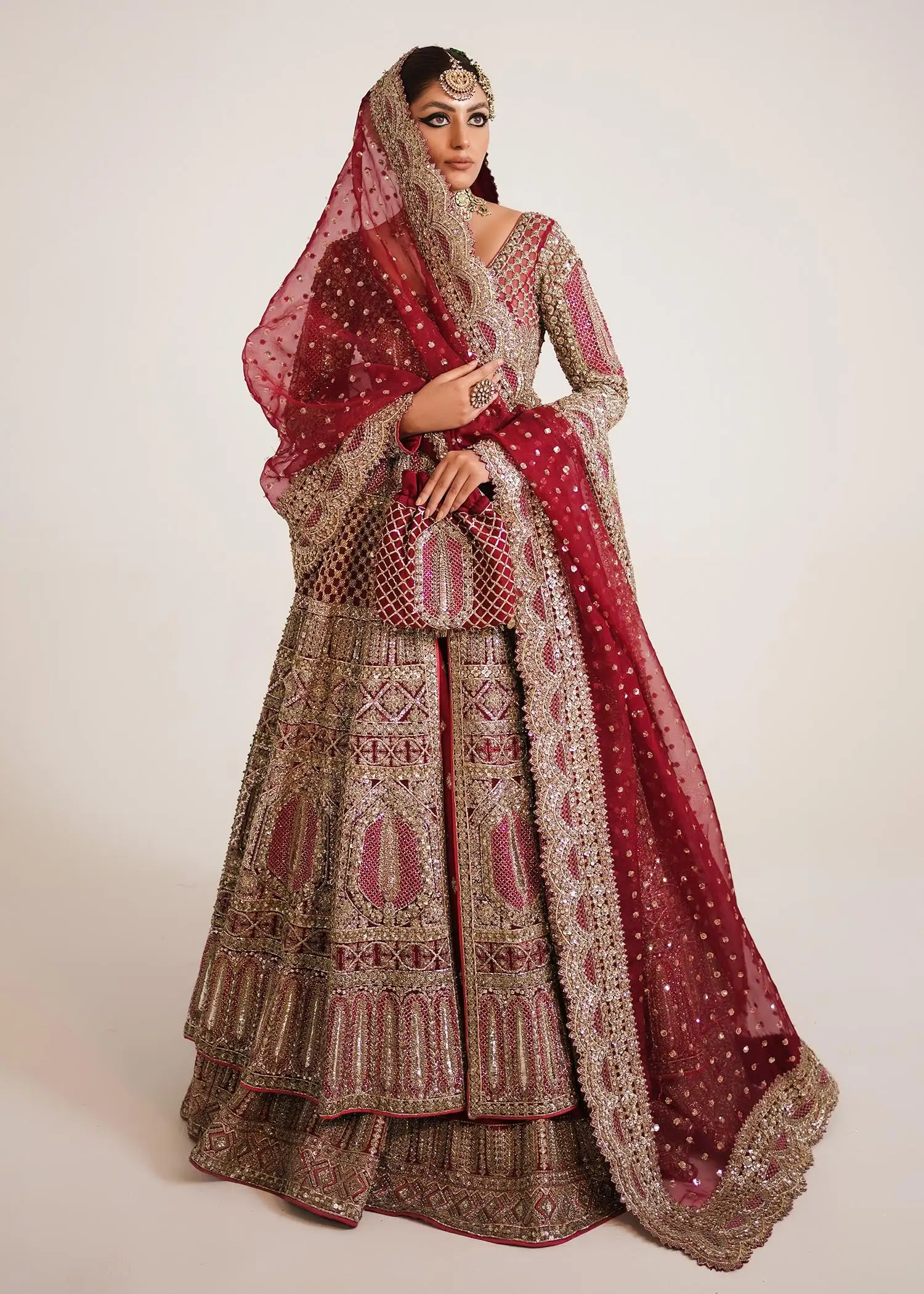 Berry Red Organza Bridal Lehenga