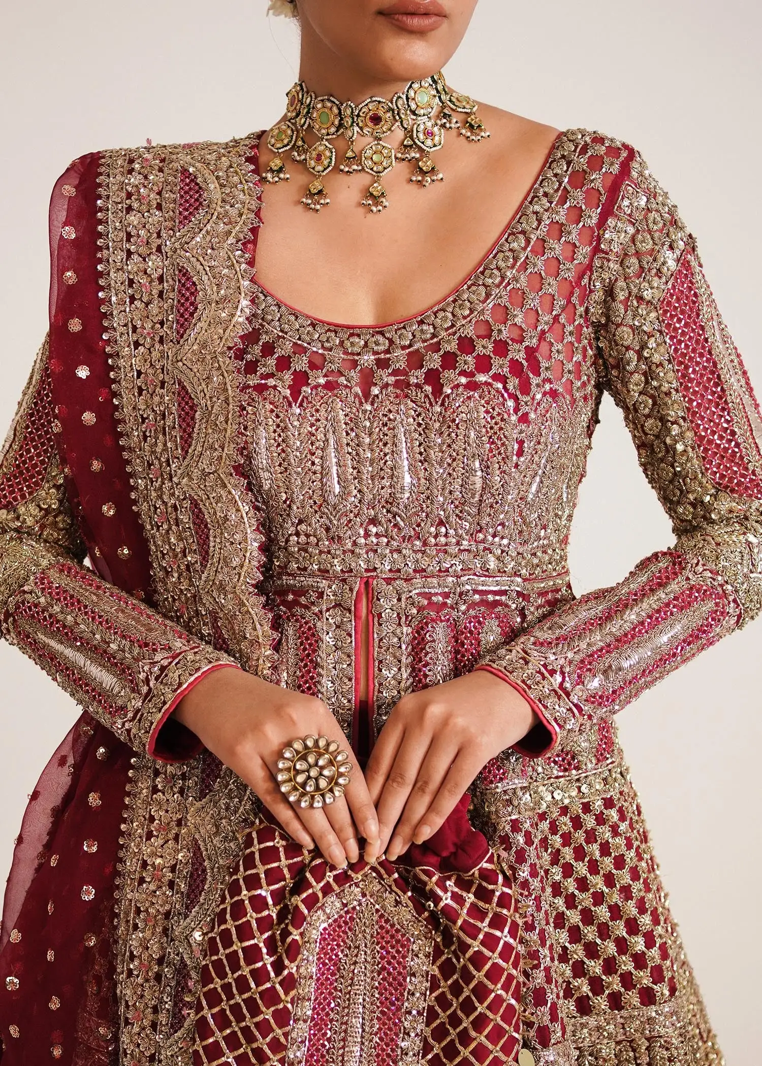 Berry Red Organza Bridal Lehenga