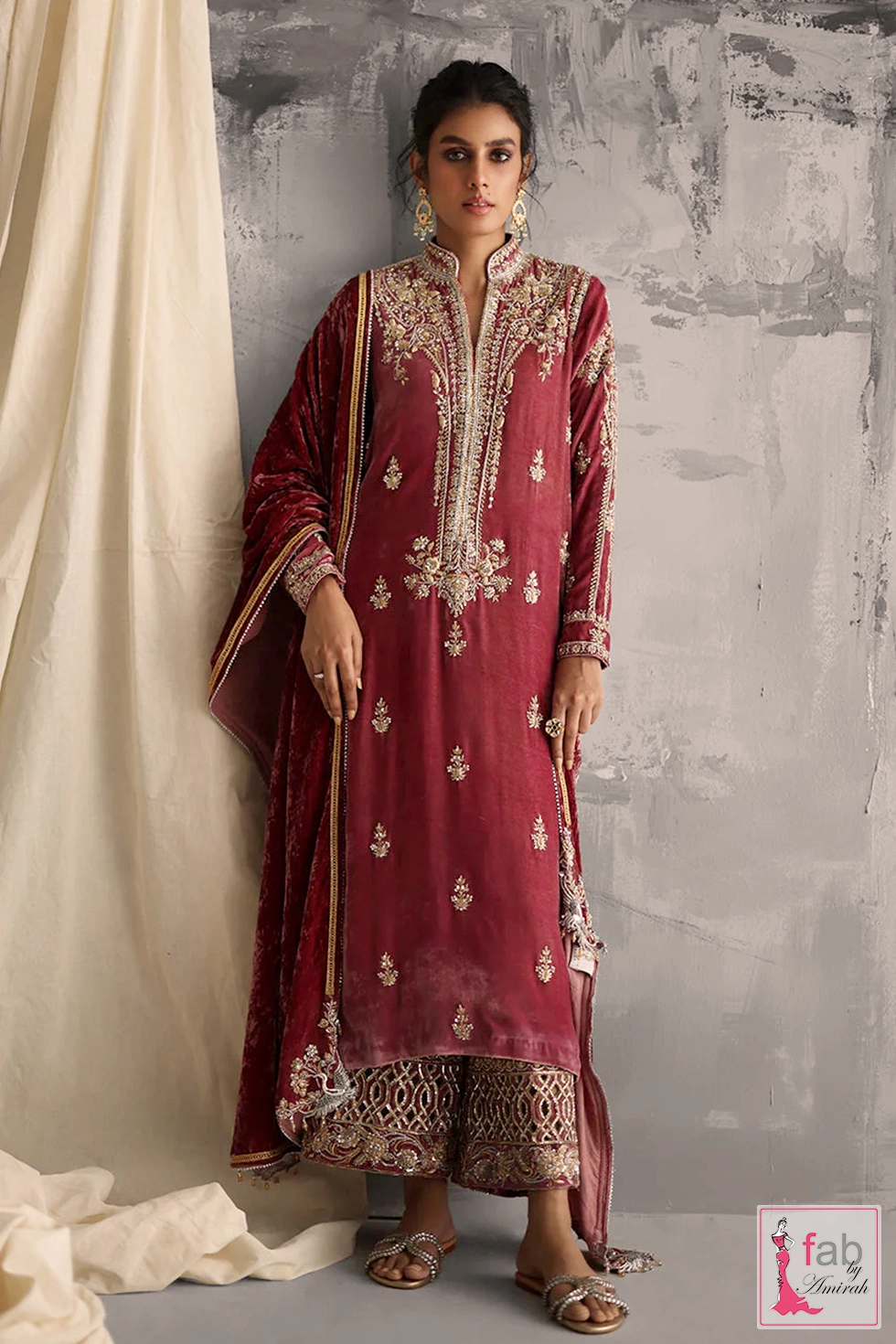 Opulent Rose Pink Pure Velvet Kurta — 2026 Luxury Edition 1 Rose pink pure velvet kurta with gold zardozi embroidery by Fab By Amirah