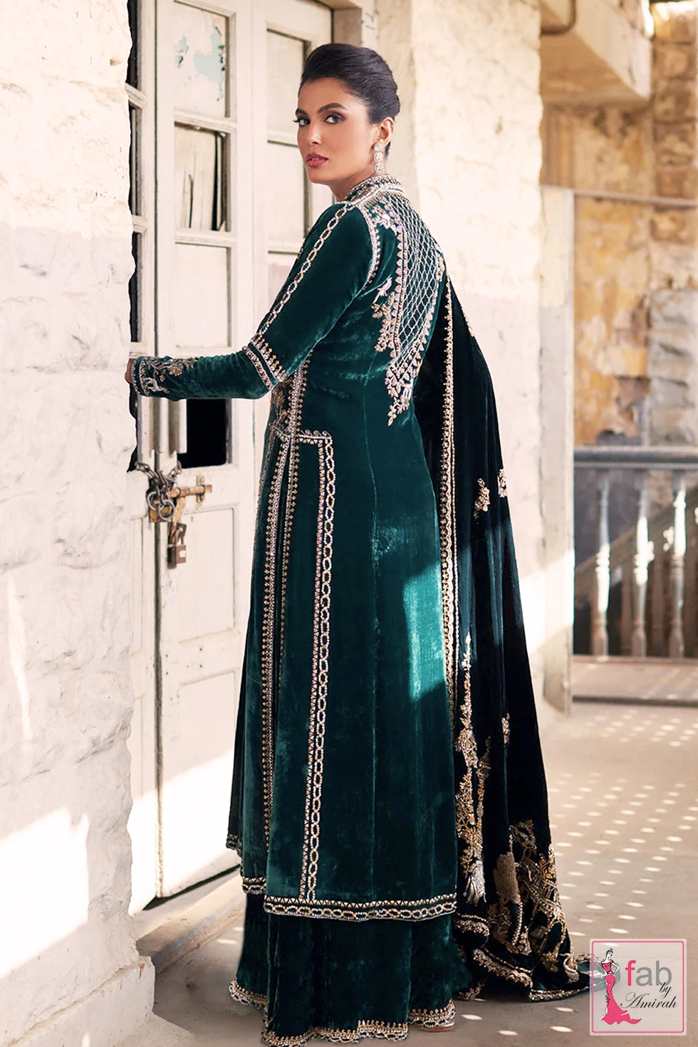 Complete dark green velvet embroidered jacket suit with matching dhaka pajama and dupatta