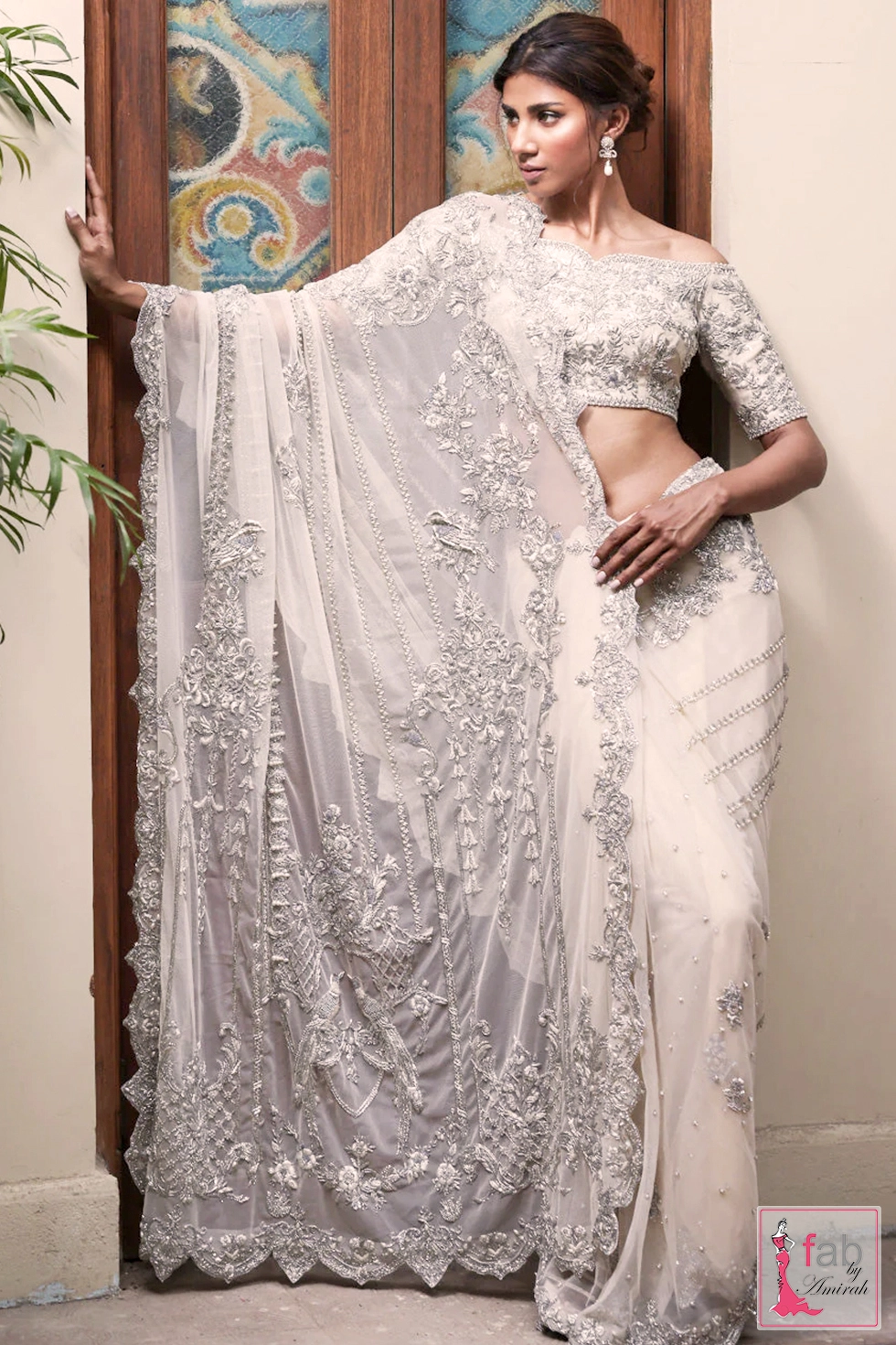 Complete luxury ivory hand embroidered saree with off-the-shoulder silk blouse