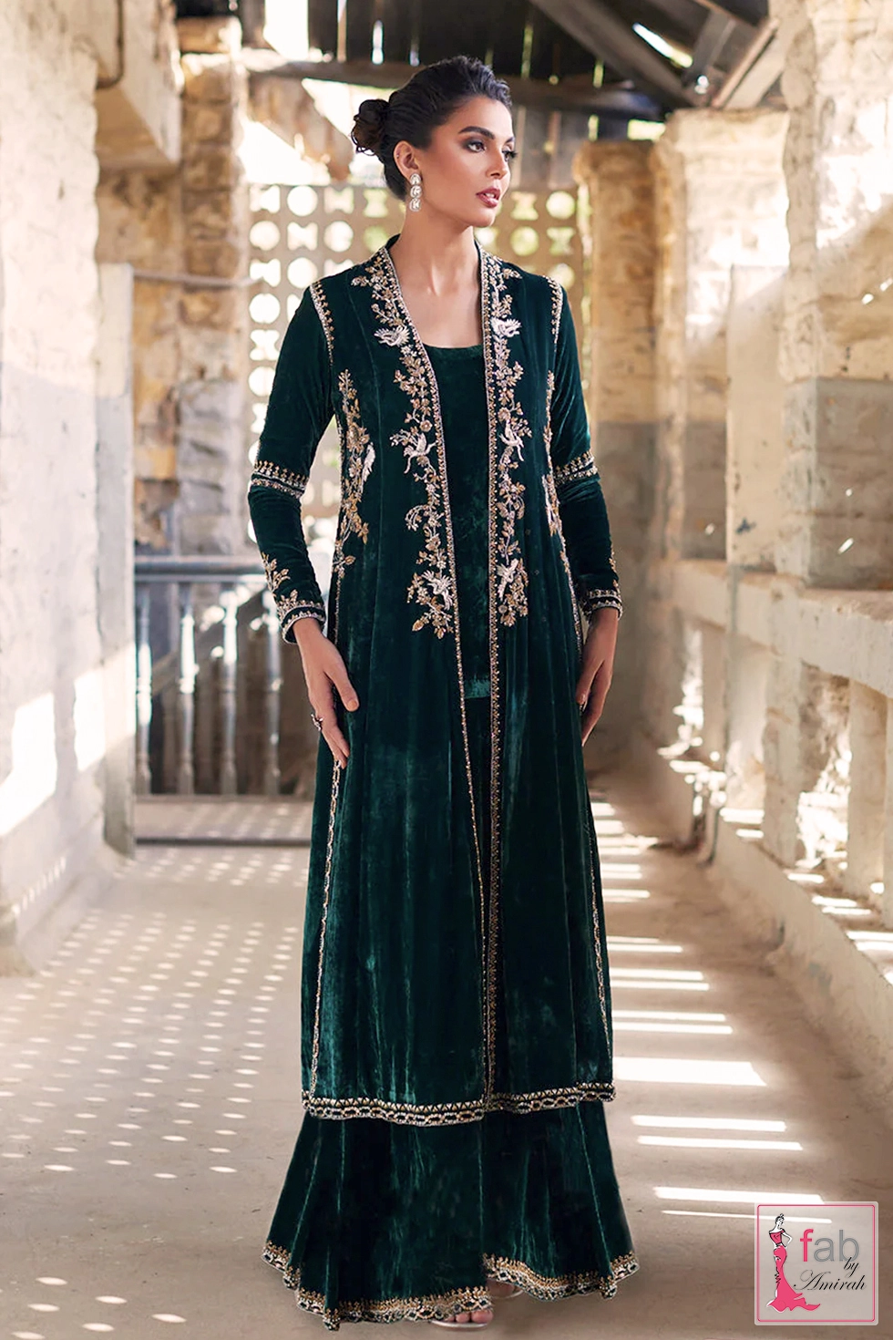 Dark green velvet embroidered jacket suit with gold handwork by Fab By Amirah