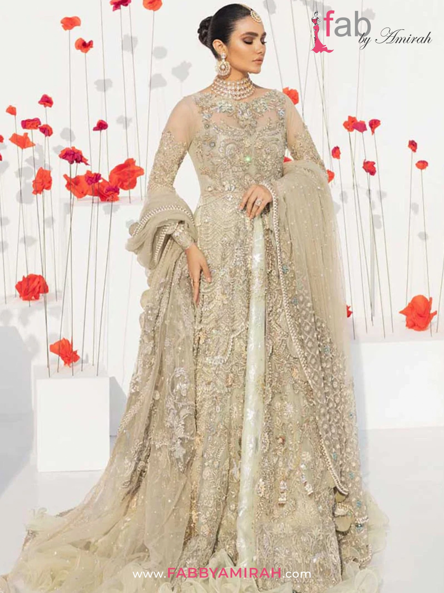 Mint green Front Open Gown with heavy hand embroidery by Fab By Amirah