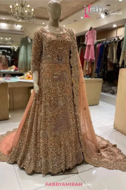 Peach pink back trail walima maxi styled for luxury Pakistani wedding reception