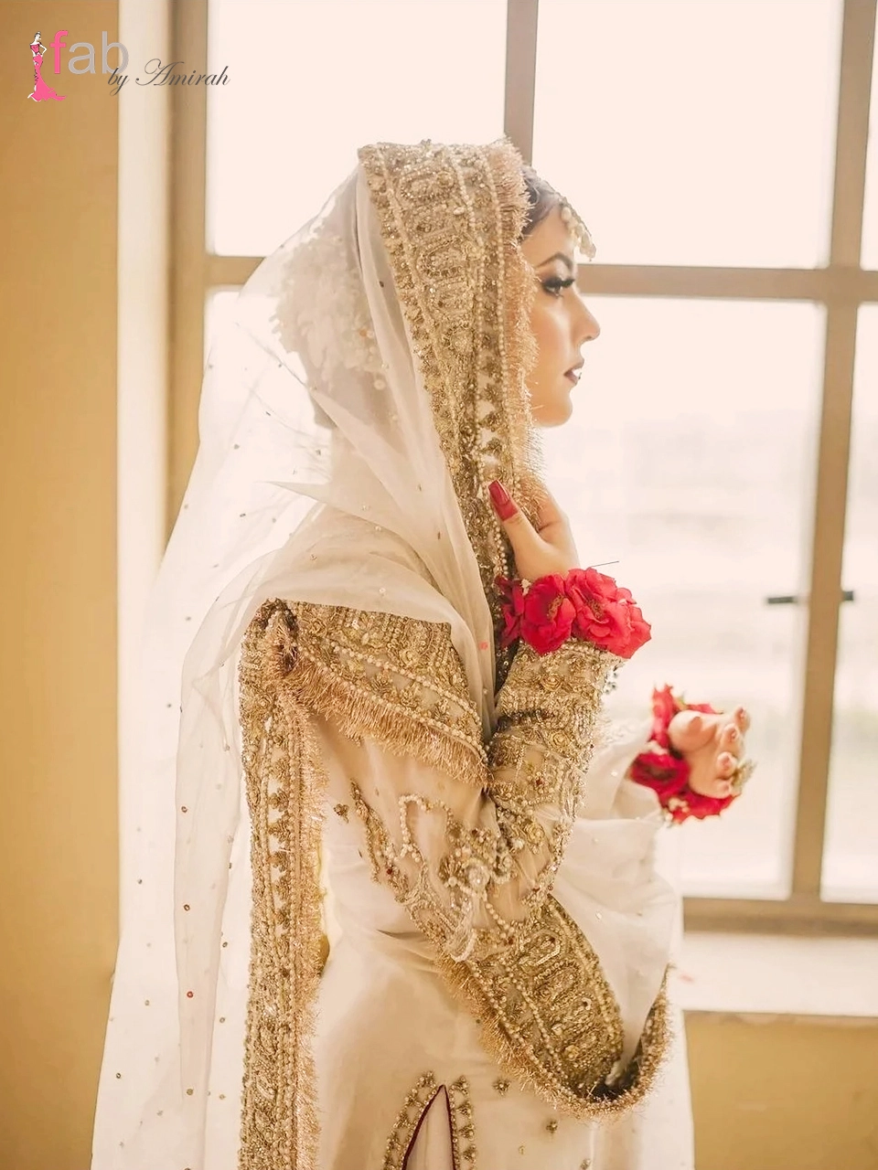 Gharara Dress for Nikah : Elegant White & Gold Bridal Gharara Suit