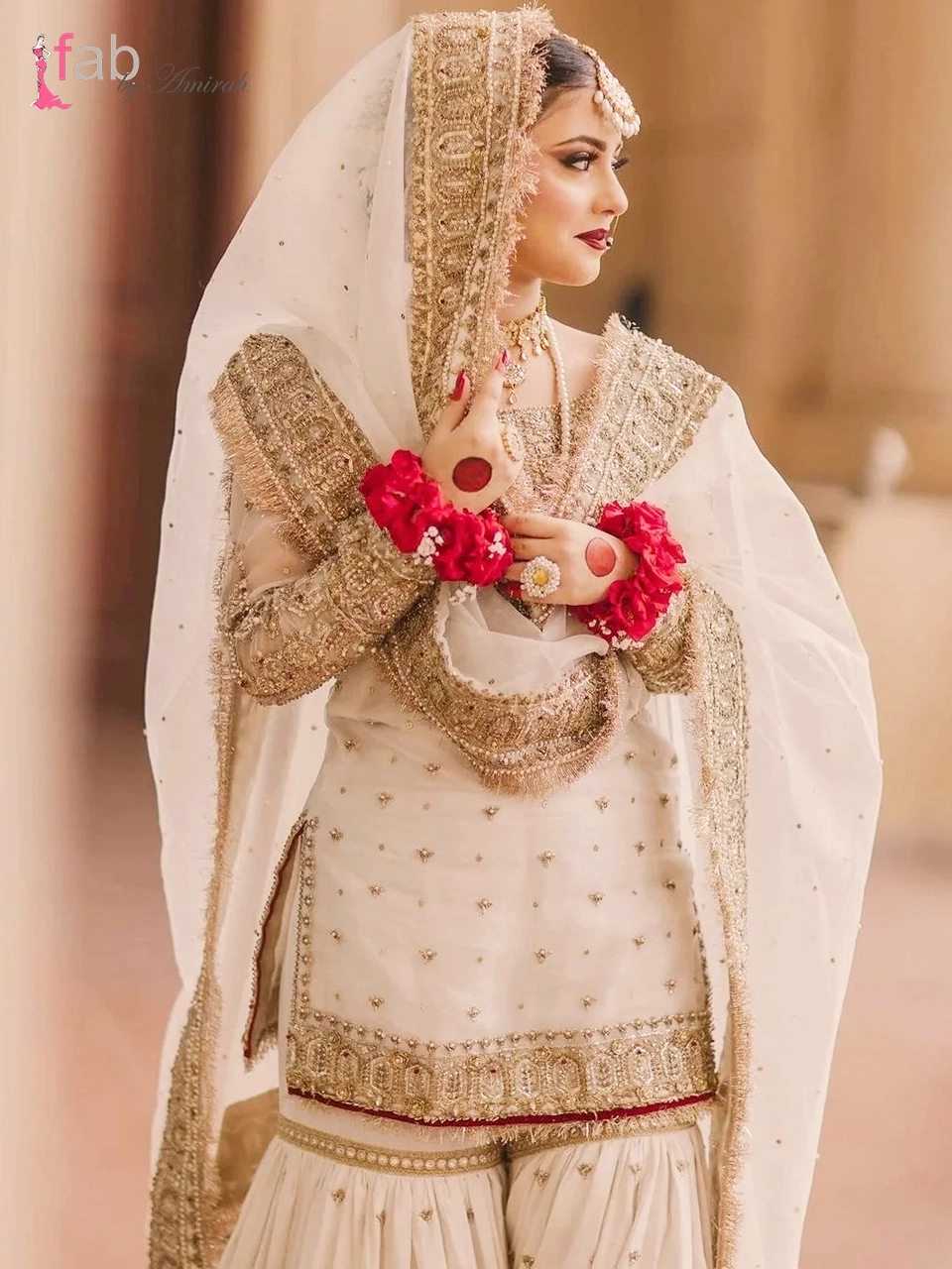Gharara Dress for Nikah : Elegant White & Gold Bridal Gharara Suit