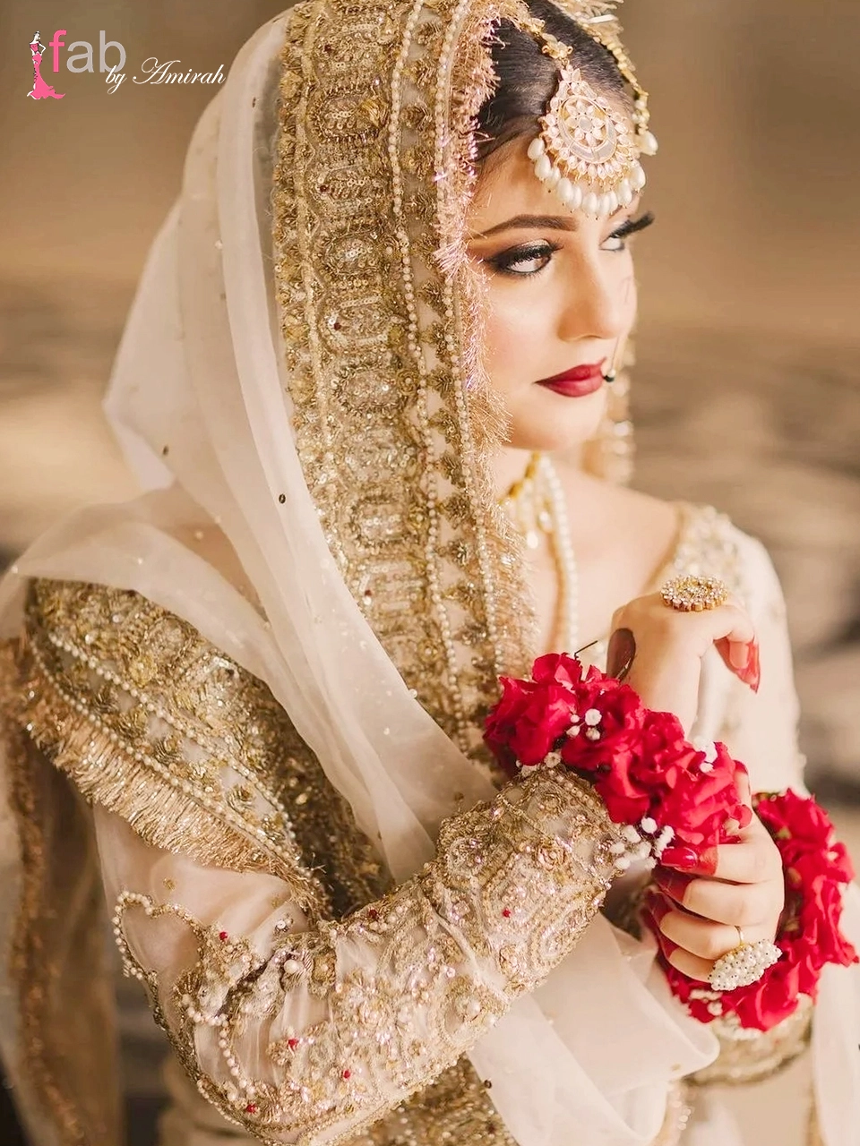 Gharara Dress for Nikah : Elegant White & Gold Bridal Gharara Suit