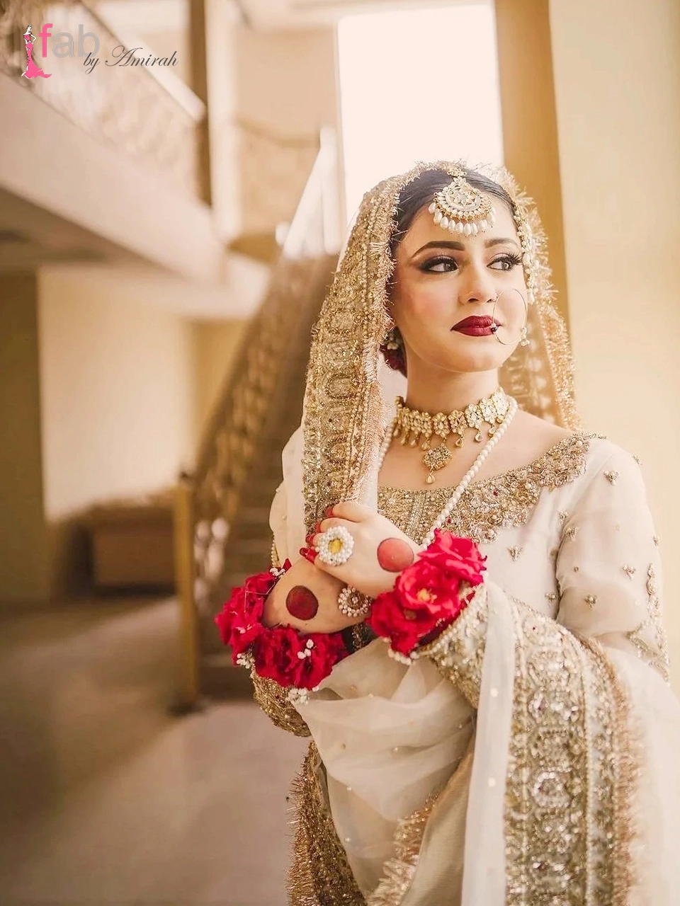Gharara Dress for Nikah : Elegant White & Gold Bridal Gharara Suit